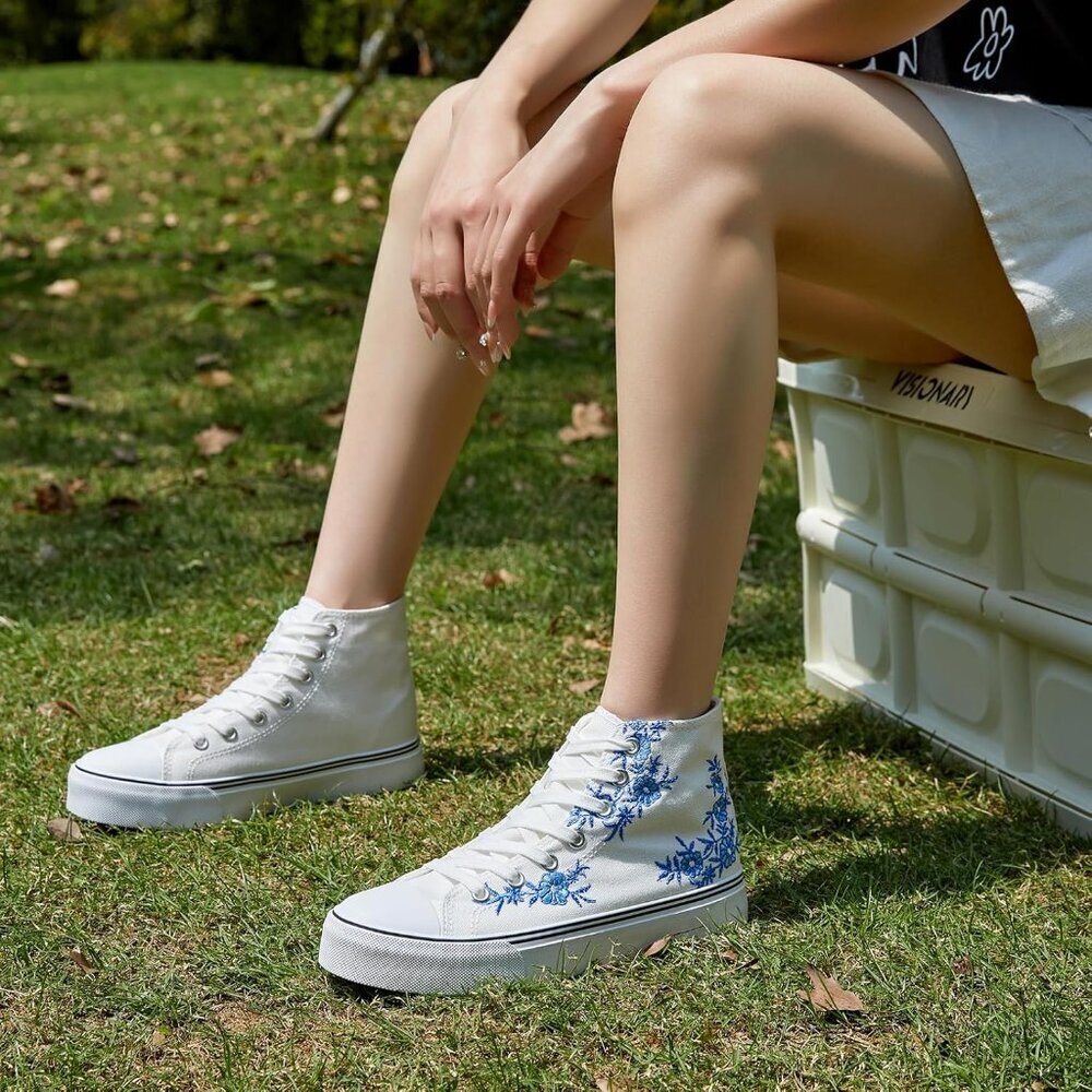 Women's White Blue High Top Sneakers Embroidery Casual Breathable Mesh Lace Up - Picture 4 of 6